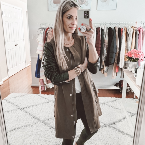 H&M Jackets & Blazers - H&M green leather sleeves long zip up jacket